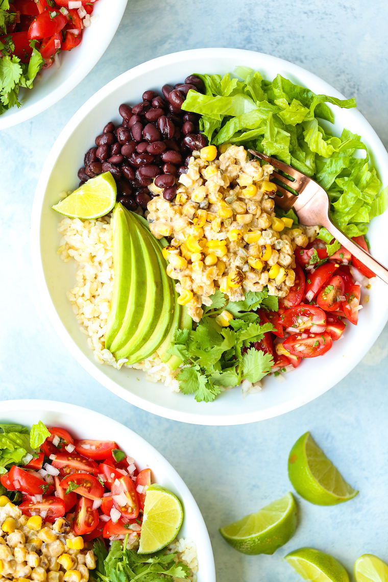 Mexican Street Corn Bowls - Mexican elote is served up right in these hearty bowls with whole grains, pico de gallo, black beans, avocado and so much more!