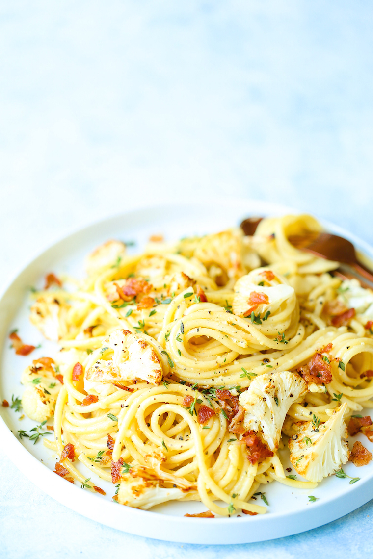 Roasted Cauliflower Carbonara - My favorite pasta dish ever! Loaded with crispy bacon, perfectly roasted garlic cauliflower + the best Parmesan sauce EVER.