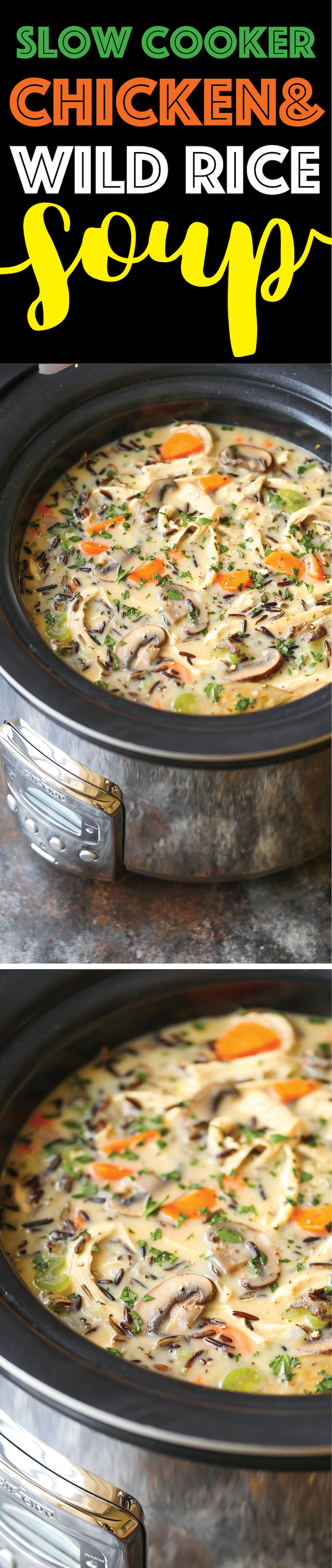 Slow Cooker Chicken and Wild Rice Soup - Pure creamy comfort food made right in your crockpot! So quick, easy, and hearty with veggies, rice and chicken!