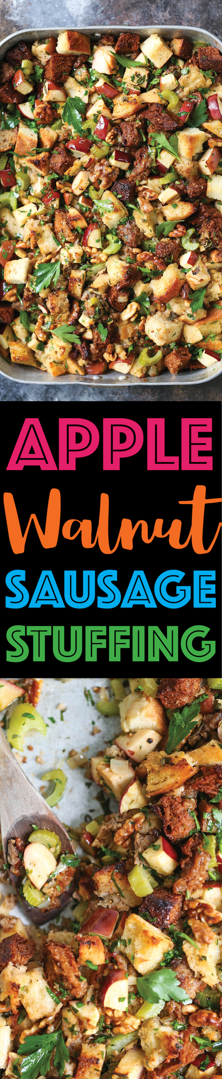 Apple Walnut Sausage Stuffing - Make your stuffing ahead of time! It’s easy, quick, and flavorful with crumbled sausage, fresh herbs, and apples! SO GOOD!!!