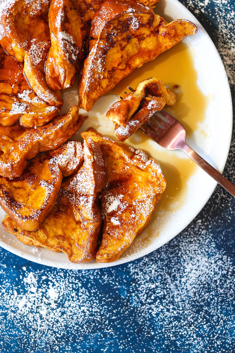 Pumpkin Spice French Toast - The most amazing Fall morning breakfast! Perfectly sweet and spiced using thick slices of bread that just melt in your mouth!