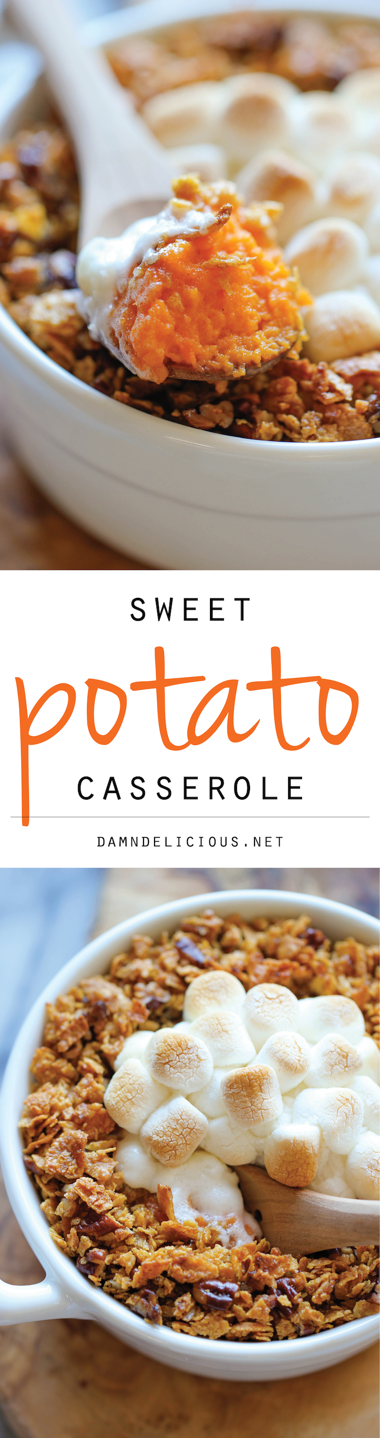 Sweet Potato Casserole -Made with mashed roasted sweet potatoes and a crunchy pecan topping with an ooey gooey melted marshmallow center!