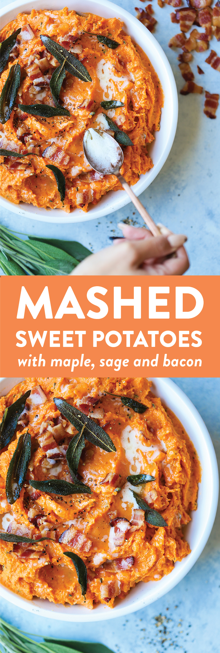 Mashed Sweet Potatoes - This is an absolute must for your Thanksgiving holiday menu! It's so easy and so good with the sage-butter and crisp bacon bits!