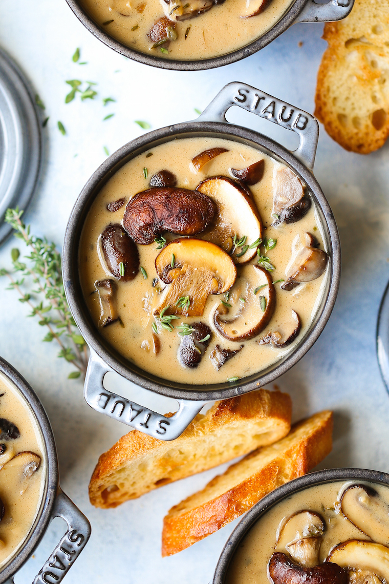 Creamy Roasted Mushroom Soup - So creamy, so rich, so hearty and so comforting! The secret to this soup is roasting the mushrooms in garlic and fresh thyme!