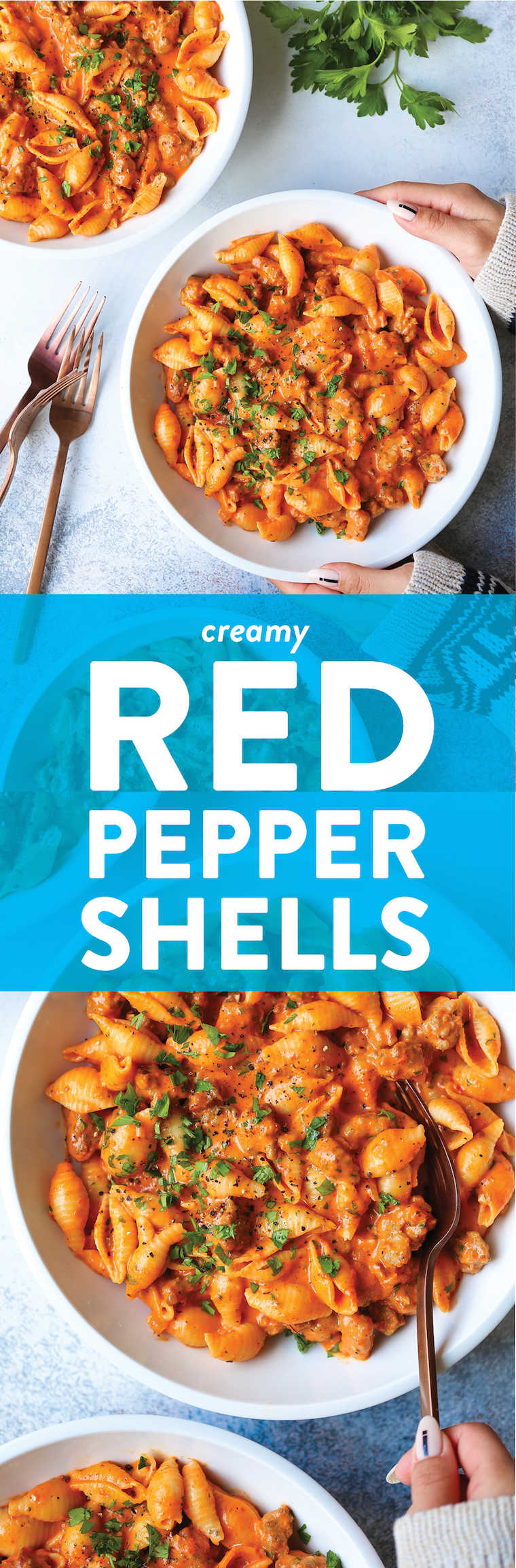 Creamy Red Pepper Shells - Crumbled Italian sausage, Parmesan, basil, and the most EPIC red pepper cream sauce. It's irresistible and completely addictive!