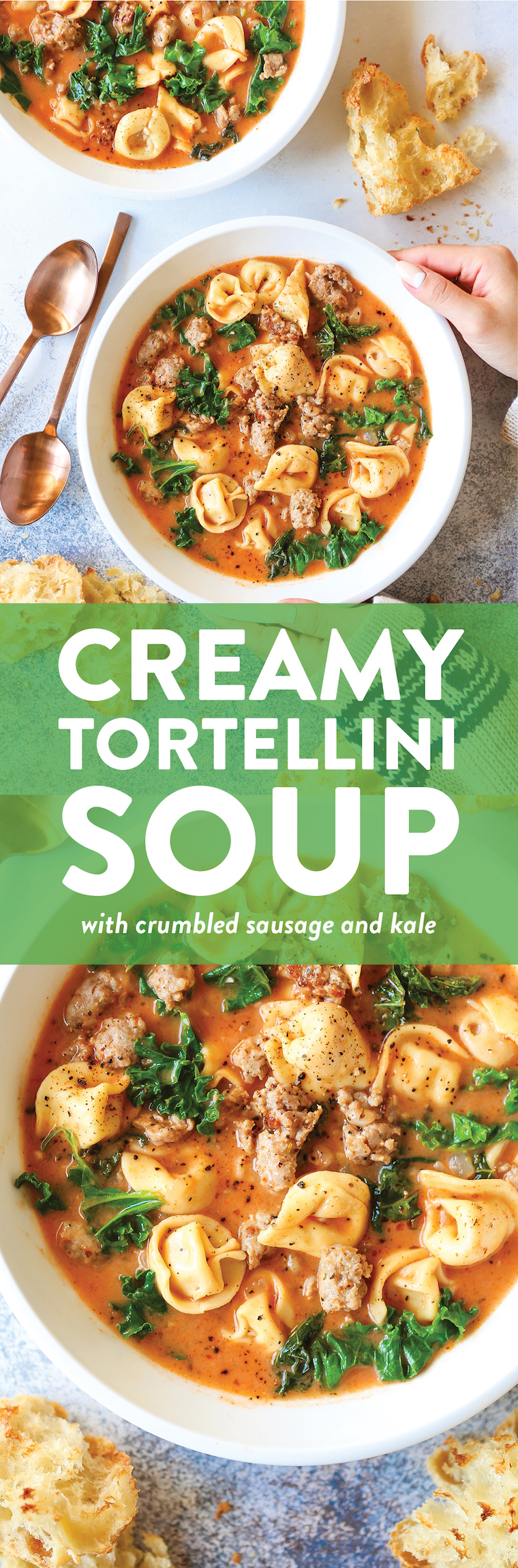 Creamy Tortellini Soup - My favorite cozy weeknight soup made in just 30 min! It's so stinking easy too. Loaded with tender tortellini, sausage and kale!