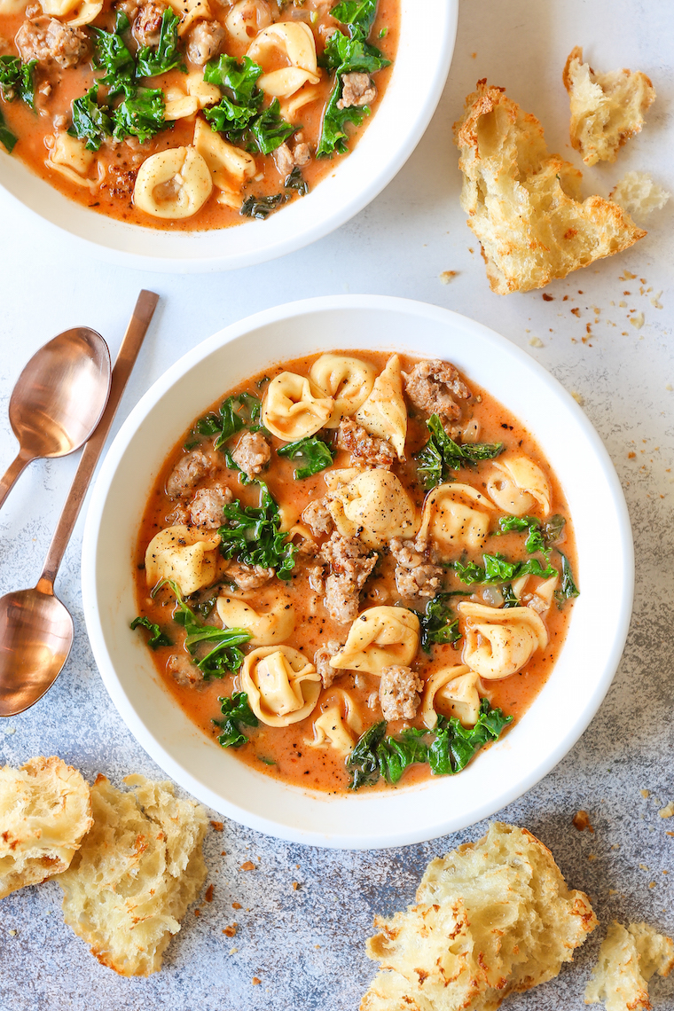Creamy Tortellini Soup - My favorite cozy weeknight soup made in 30 min! Loaded with tender tortellini, sausage and kale! And it's so easy!