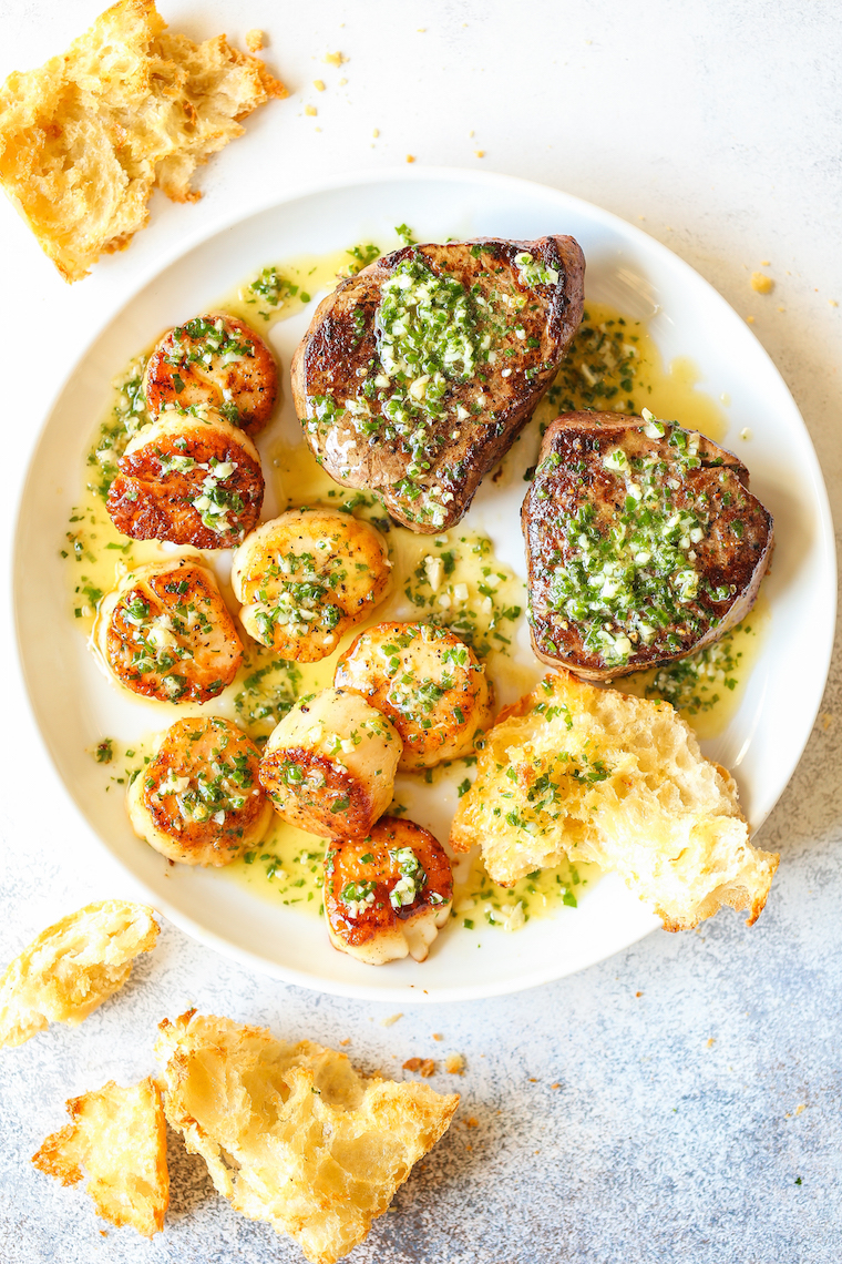Garlic Butter Steak and Scallops - SURF AND TURF made in less than 30 min! The steak + scallops are so perfectly cooked with the best garlic butter sauce!