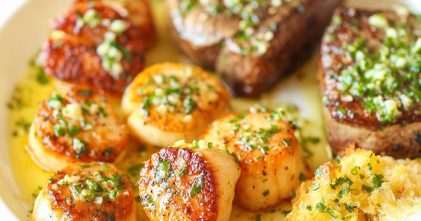 Garlic Butter Steak And Scallop Recipe Damn Delicious 