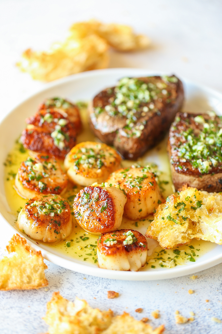 Garlic Butter Steak and Scallops - SURF AND TURF made in less than 30 min! The steak + scallops are so perfectly cooked with the best garlic butter sauce!