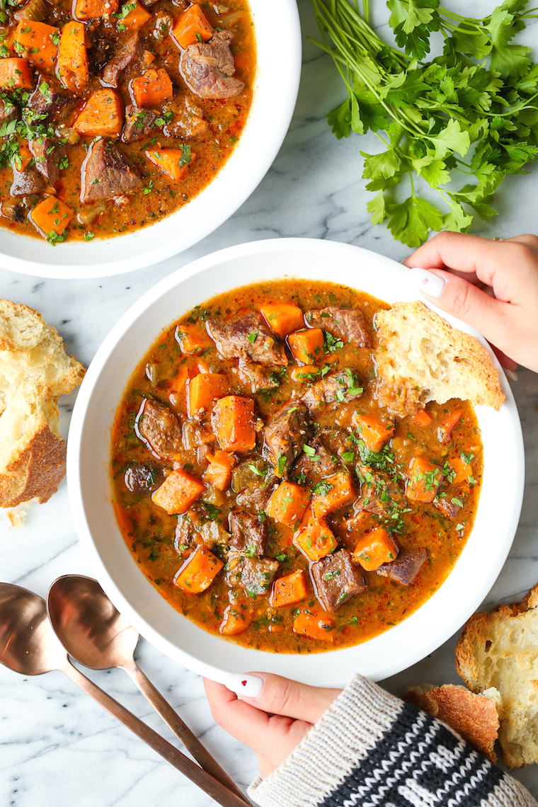 Sweet Potato Beef Stew - The coziest beef stew with the most tender chunks of beef and sweet potato that just melt in your mouth! And it's FREEZER-FRIENDLY!