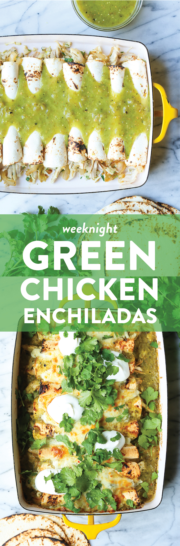 Green Chicken Enchiladas - Salsa verde, green chiles, leftover rotisserie chicken and Monterey Jack cheese make for the best weeknight enchiladas ever!