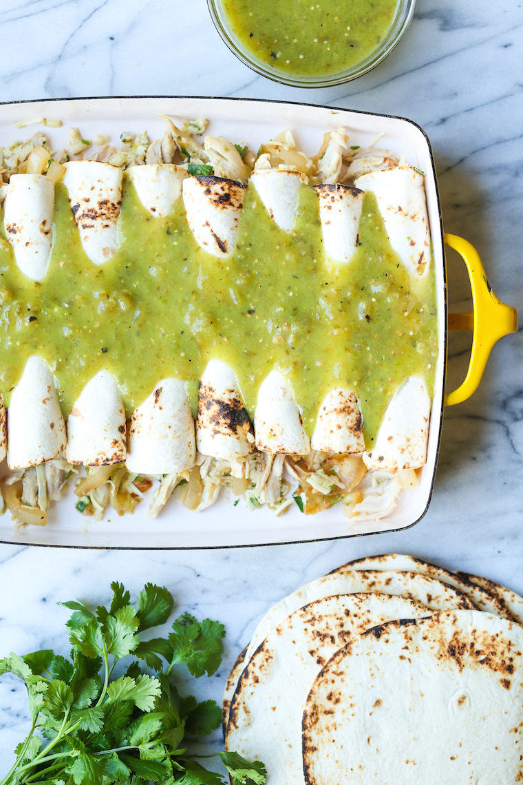 Green Chicken Enchiladas - Salsa verde, green chiles, leftover rotisserie chicken and Monterey Jack cheese make for the best weeknight enchiladas ever!