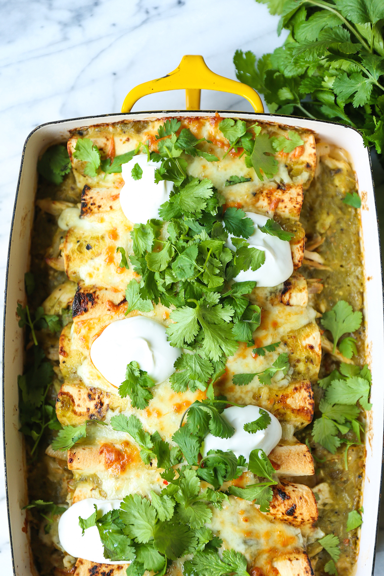 Green Chicken Enchiladas - Salsa verde, green chiles, leftover rotisserie chicken and Monterey Jack cheese make for the best weeknight enchiladas ever!