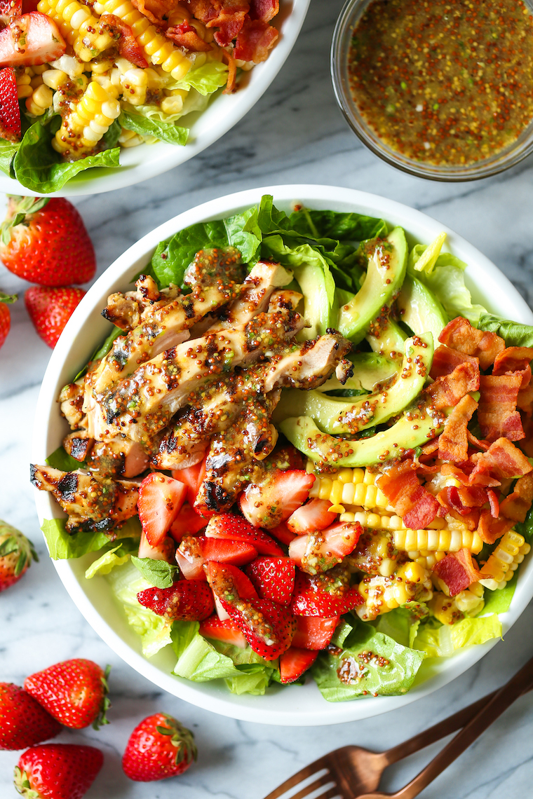 Honey Mustard Chicken Salad - Made with the juiciest, tender honey mustard chicken, romaine, strawberries, avocado and corn. And the dressing is perfection!