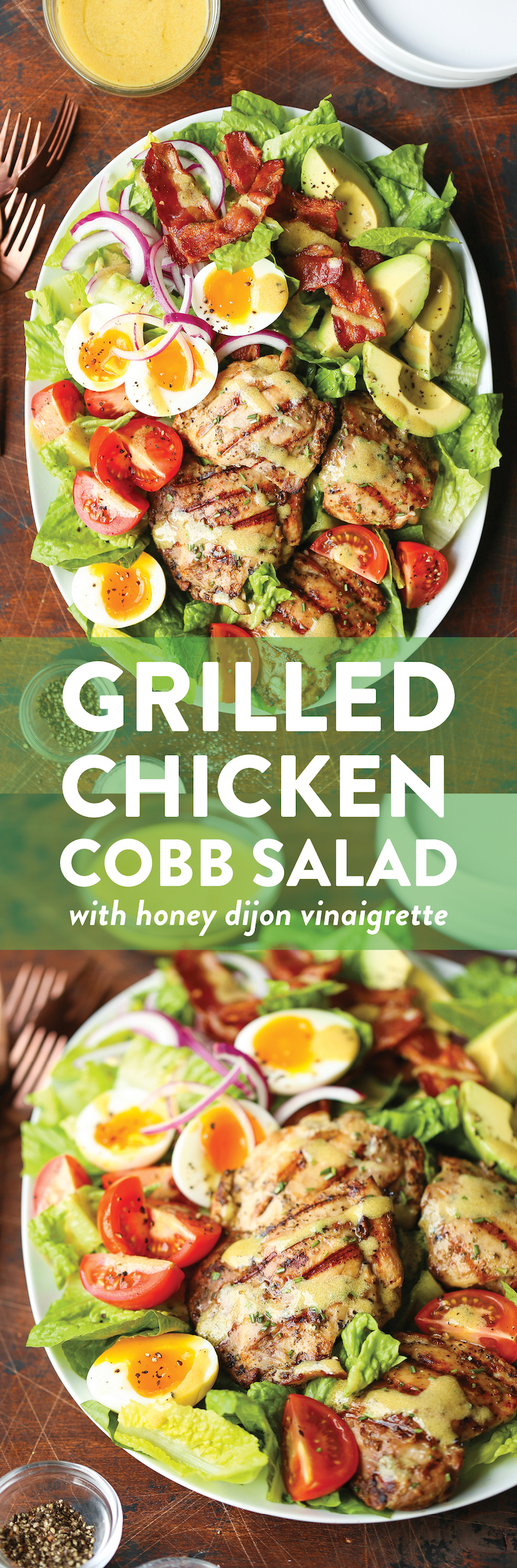 Grilled Chicken Cobb Salad - No more boring cobb salads! Made with the juiciest garlic rosemary chicken thighs and the most flavorful honey Dijon dressing!