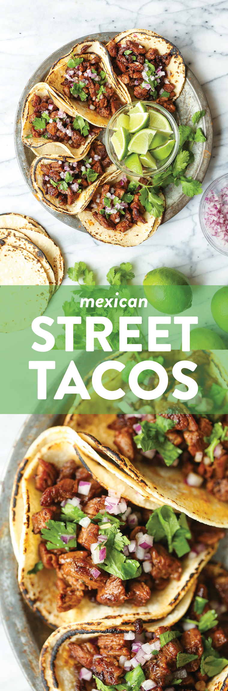 Mexican Street Tacos - Easy, quick, authentic carne asada street tacos you can now make right at home! Top with onion, cilantro + fresh lime juice! SO GOOD!