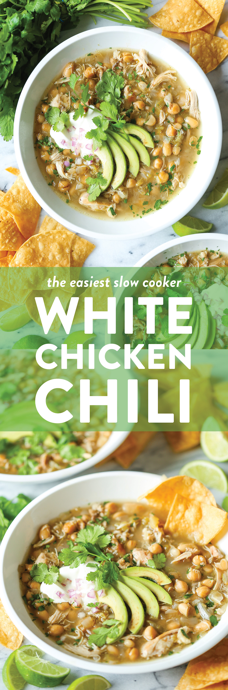 Slow Cooker White Chicken Chili - The easiest crockpot recipe of your life! It's a one pot wonder - no searing, no fuss. Simply throw everything right in!