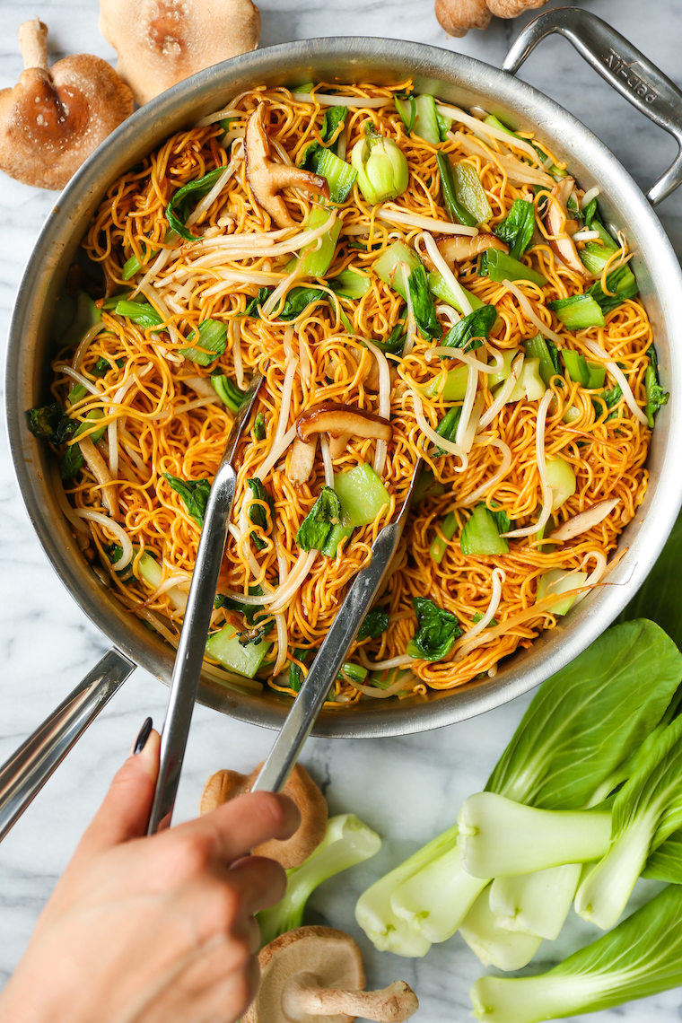 Easy Chow Mein - Skip the takeout and make the BEST chow mein at home in less than 30 min! Perfectly crispy noodles with bok choy, mushrooms + bean sprouts!