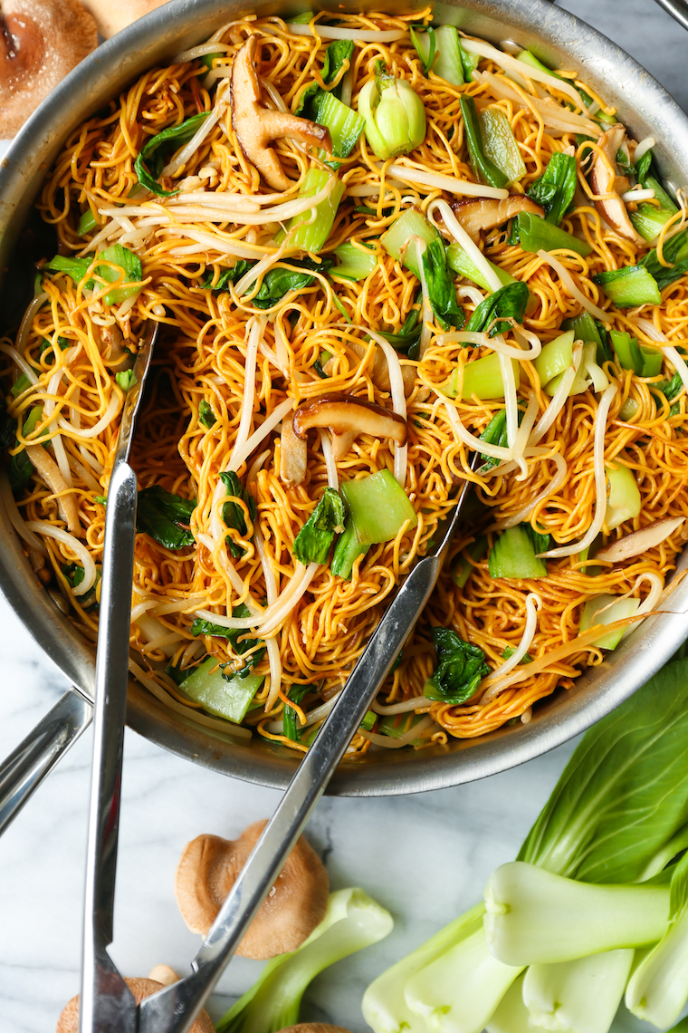 Easy Chow Mein - Skip the takeout and make the BEST chow mein at home in less than 30 min! Perfectly crispy noodles with bok choy, mushrooms + bean sprouts!