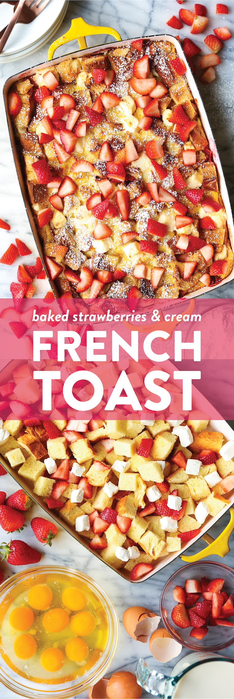Baked Strawberries and Cream French Toast - The most impressive make-ahead breakfast! So easy with 10min prep. Just pop it right in the oven before serving!
