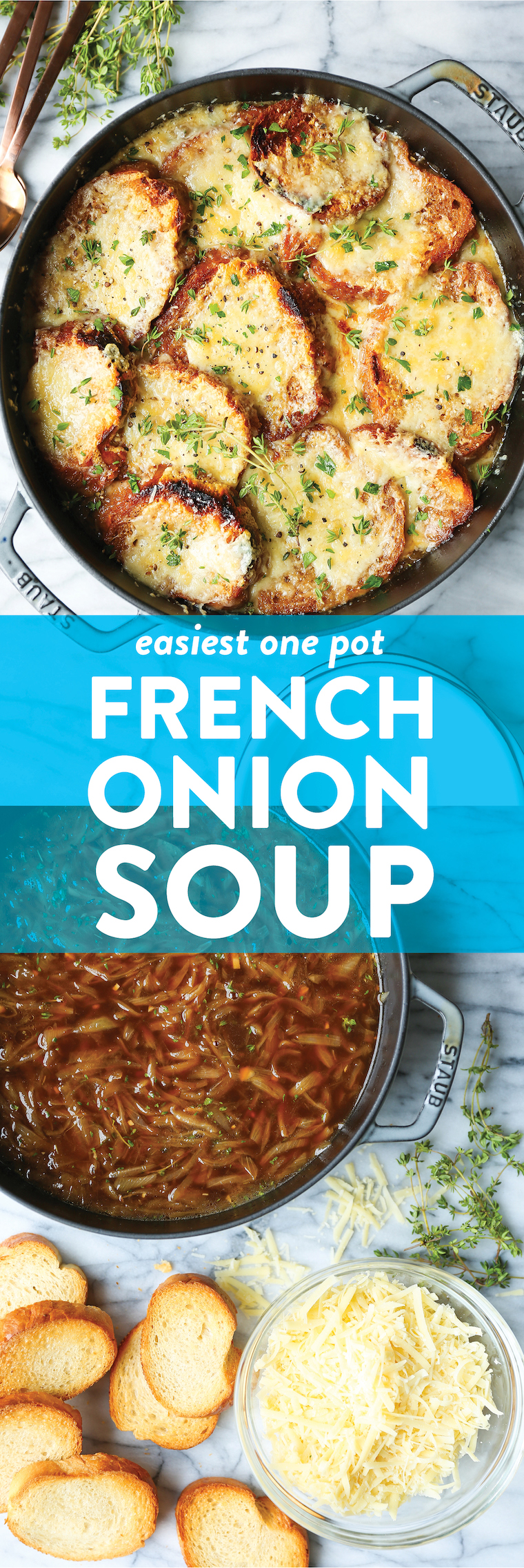 One Pot French Onion Soup - A no-fuss version! No transferring to ramekins, no nothing! Make everything into a ONE POT WONER and serve. So easy. SO GOOD!