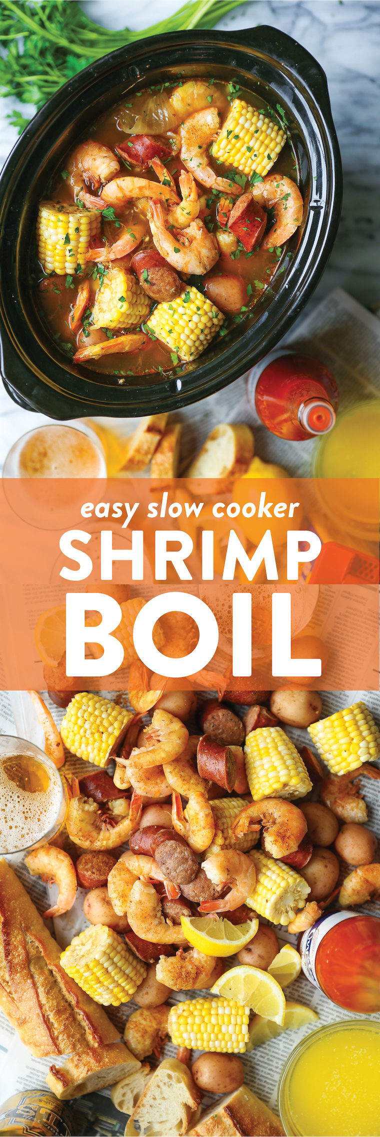 Slow Cooker Shrimp Boil - Red potatoes, andouille sausage, shrimp, corn, Old Bay. A classic shrimp boil made without any of the fuss right in your crockpot!