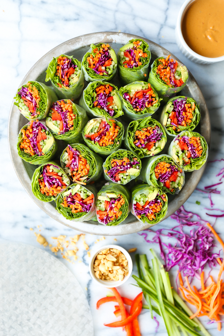 Vegetable Spring Rolls with Peanut Sauce - Simple, healthy and fresh with the creamiest peanut sauce ever. Prep ahead of time and use up lingering veggies!