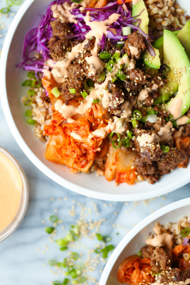 Korean Beef Power Bowls - With the easiest Korean beef, shredded cabbage, caramelized kimchi, avocado slices, and the best ever Sriracha mayo. SO SO BOMB.