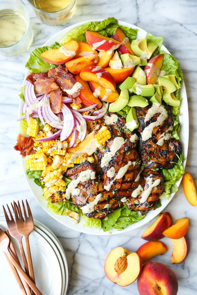 Rosemary Chicken and Peach Salad - Peach slices, grilled rosemary-thyme chicken, charred corn kernels and crisp bacon with the creamiest balsamic dressing!