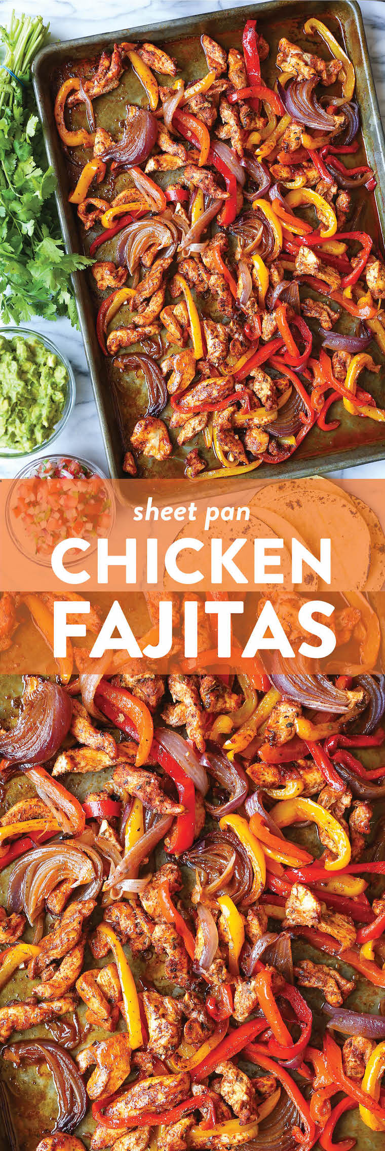 Sheet Pan Chicken Fajitas - SHEET PAN DINNER! The quickest meal you can make with amazingly tender chicken + crisp-tender veggies with the easiest clean-up!