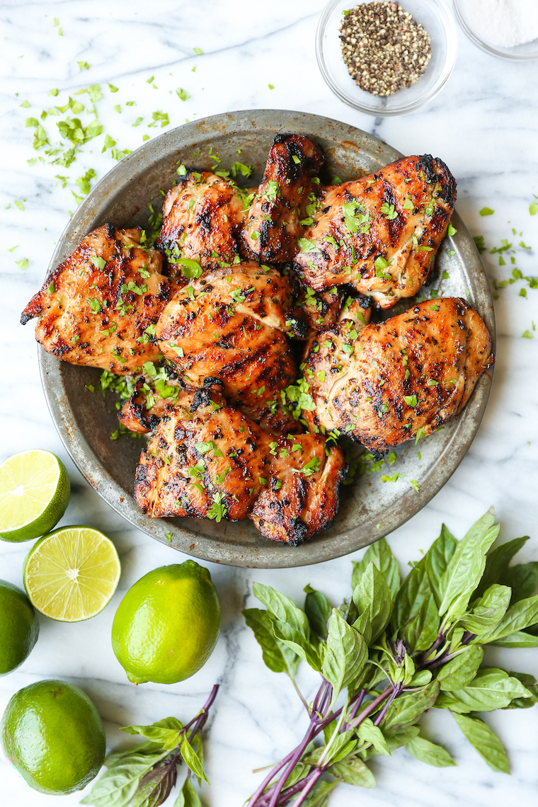 Thai Chicken Thighs - Cilantro, Thai basil, fish sauce, lime juice and brown sugar = best marinade ever. Grilled or cooked on a grill pan on the stovetop!
