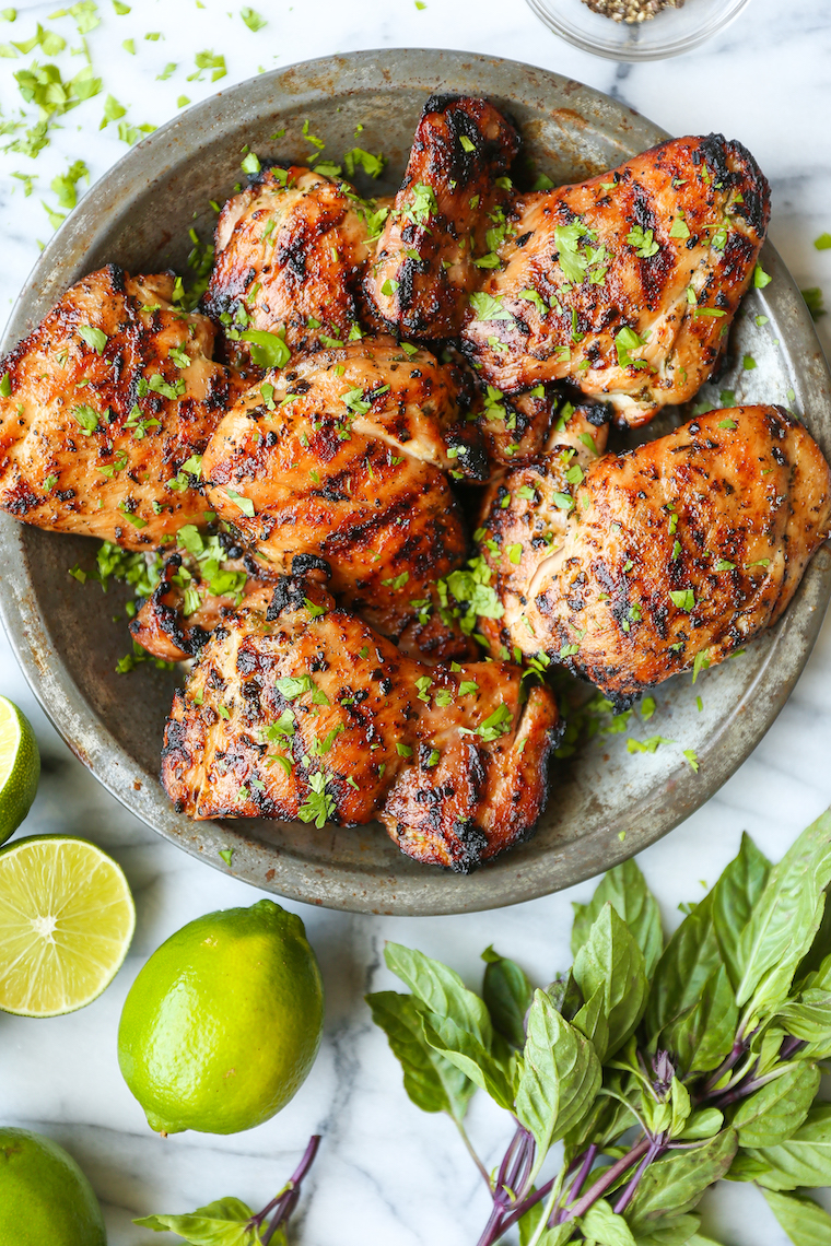 Thai Chicken Thighs - Cilantro, Thai basil, fish sauce, lime juice and brown sugar = best marinade ever. Grilled or cooked on a grill pan on the stovetop!