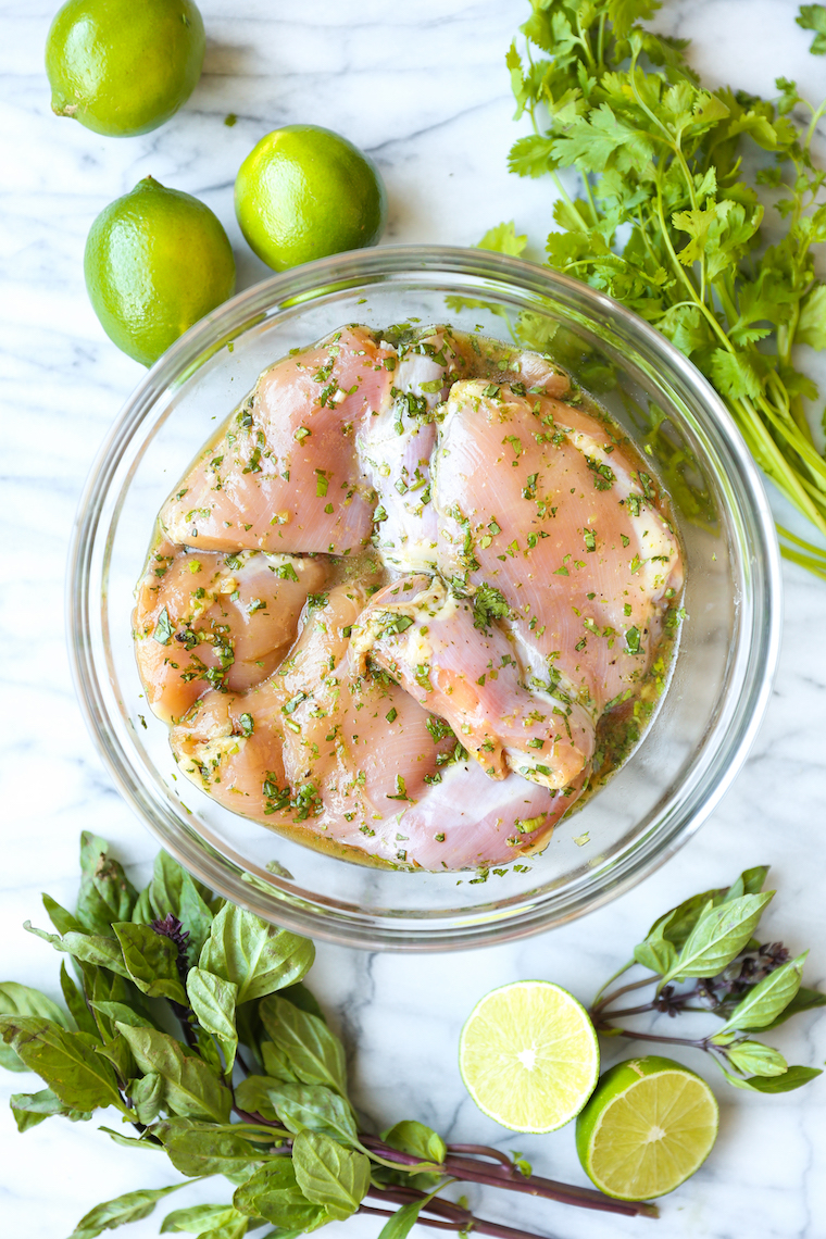 Thai Chicken Thighs - Cilantro, Thai basil, fish sauce, lime juice and brown sugar = best marinade ever. Grilled or cooked on a grill pan on the stovetop!