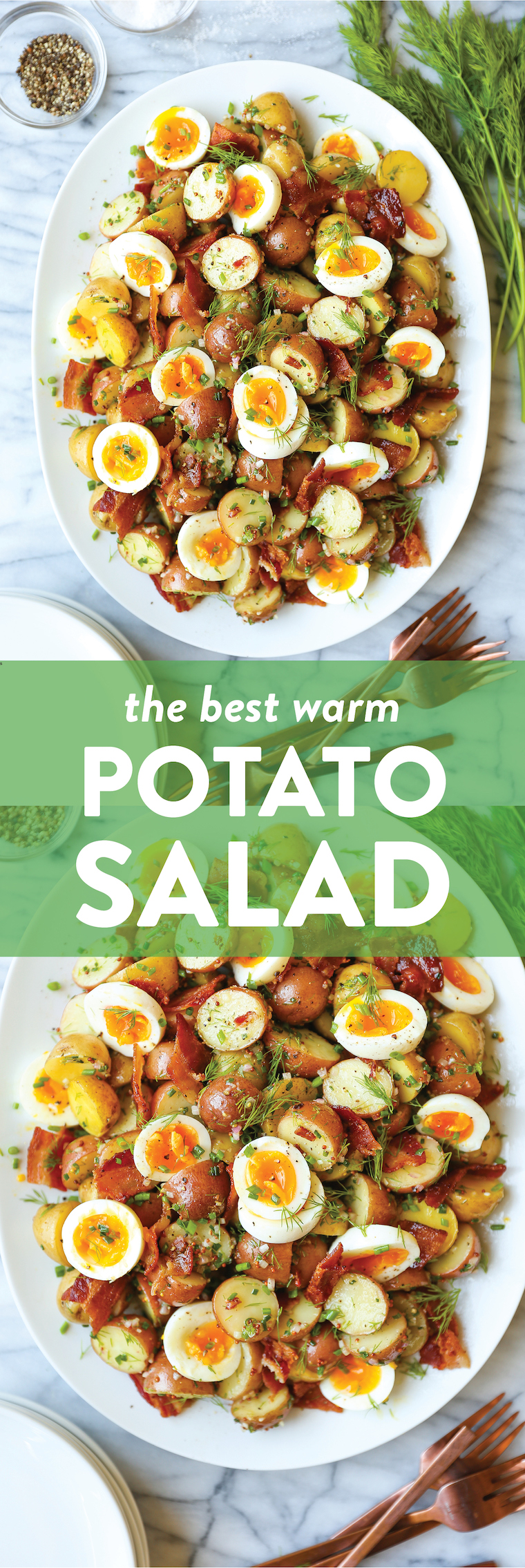 Теплий картопляний салат – хрусткий бекон з діжонським вінегретом і свіжий кріп з некруто звареними яйцями стануть найкращим теплим картопляним салатом.  Так просто, так добре.