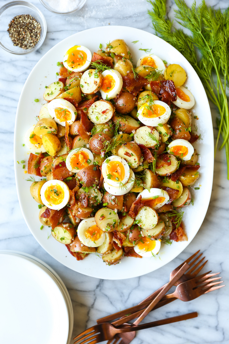 Warm Potato Salad - Crisp bacon with a Dijon vinaigrette and fresh dill with soft boiled eggs make for the best warm potato salad ever. So simple, so good.
