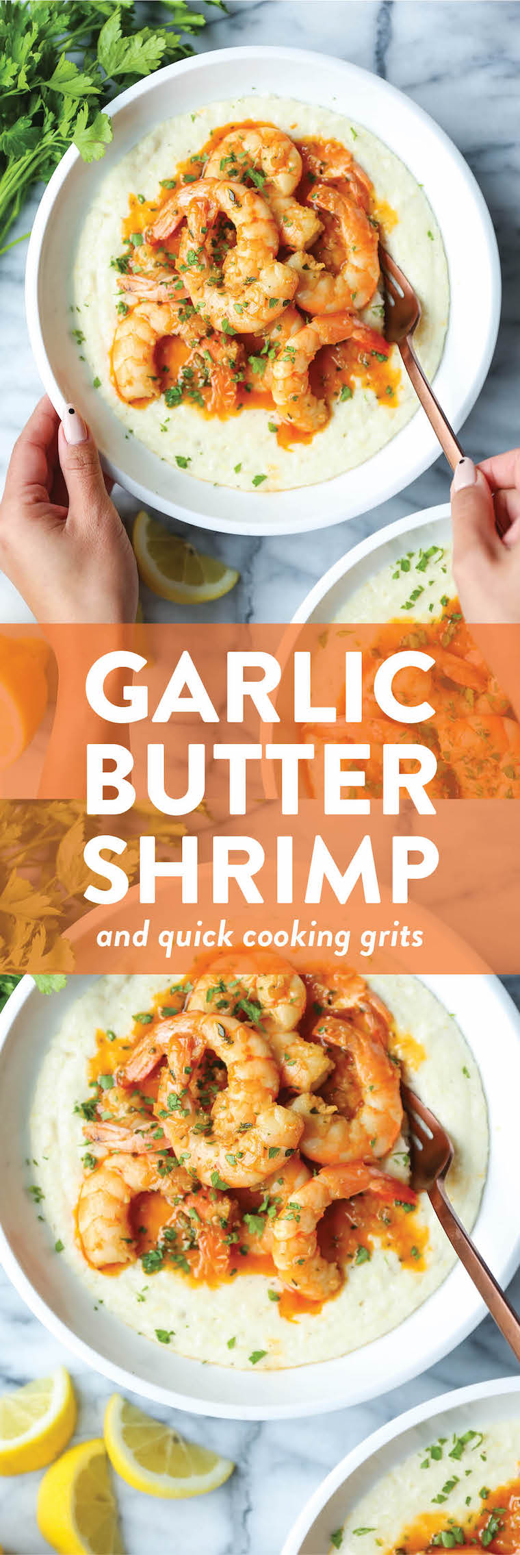 Garlic Butter Shrimp and Grits - Speedy comfort food at its best! Perfectly garlicky, buttery shrimp cooked so so quickly, served with the creamiest grits!