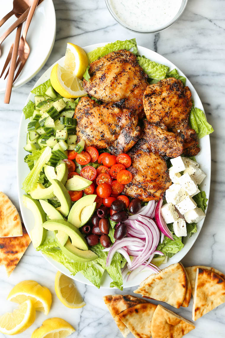 Grilled Greek Chicken Salad - The BEST Greek salad recipe you will ever have! With perfectly grilled, juicy chicken thighs and the most heavenly tzatziki dressing!