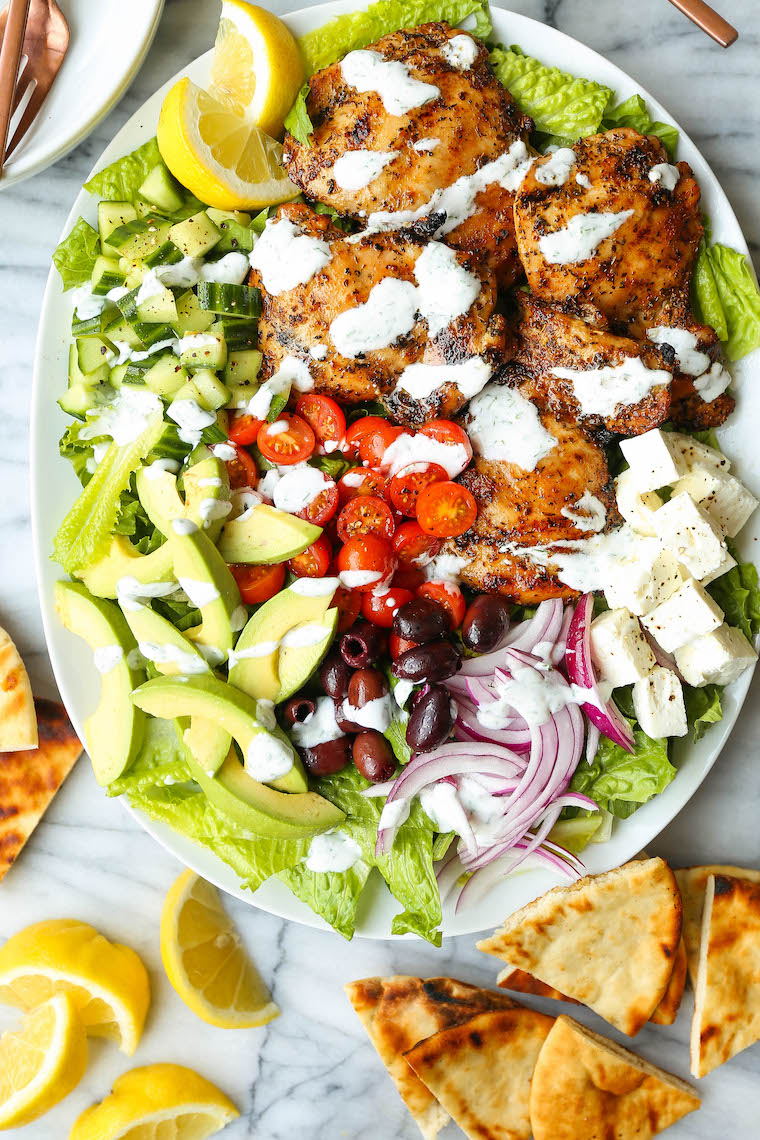 Grilled Greek Chicken Salad - The BEST Greek salad recipe you will ever have! With perfectly grilled, juicy chicken thighs and the most heavenly tzatziki dressing!