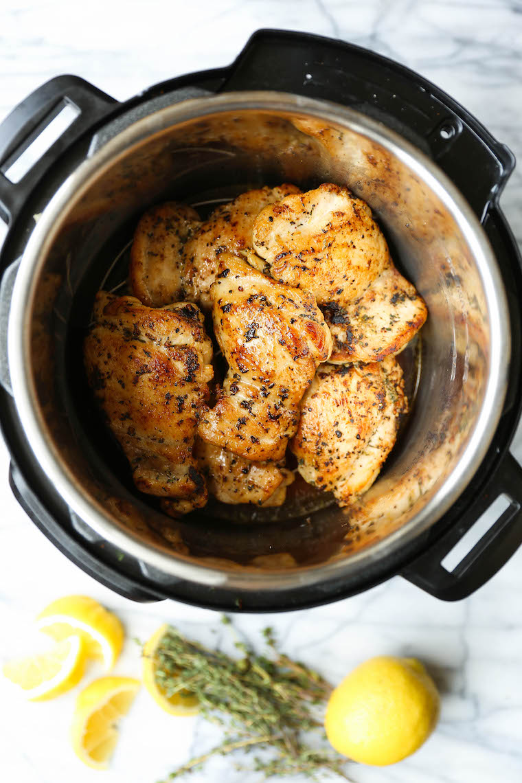 Instant Pot Lemon Chicken Thighs - Amazingly moist, tender, juicy lemon-thyme chicken, perfectly golden brown, made right in the IP in just 5 min! So quick!