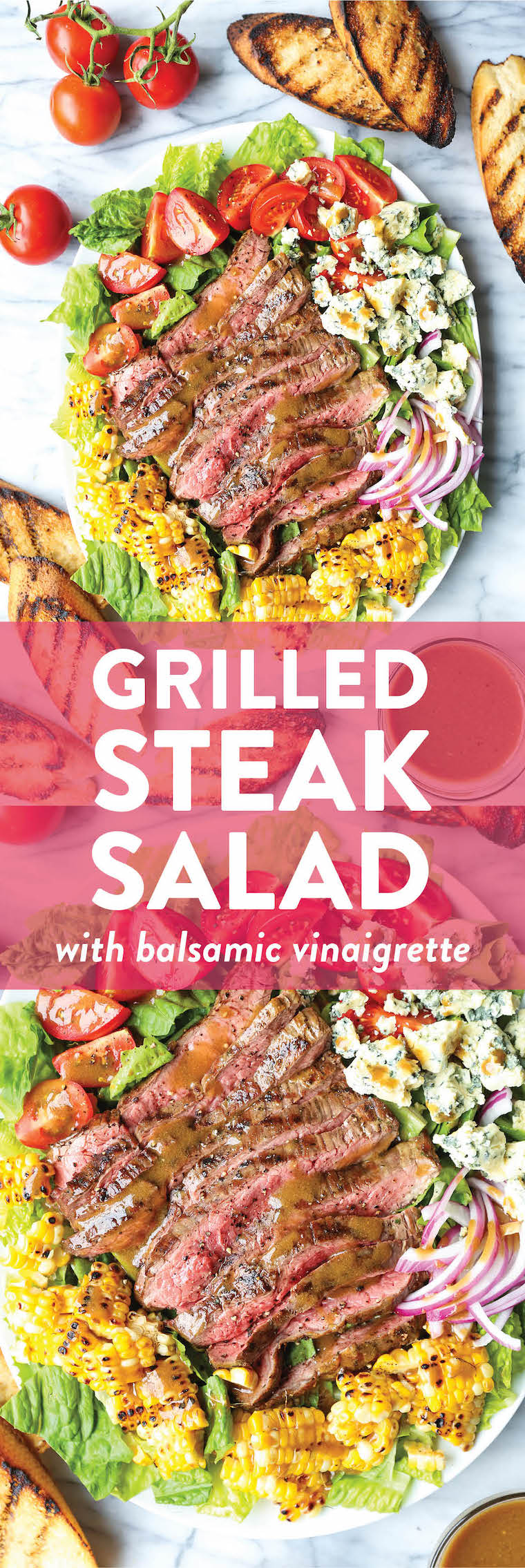 Grilled Steak Salad with Balsamic Vinaigrette - Features perfectly grilled steak, charred corn, tomatoes and blue cheese.  Say goodbye to boring salads!  SO SO GOOD.