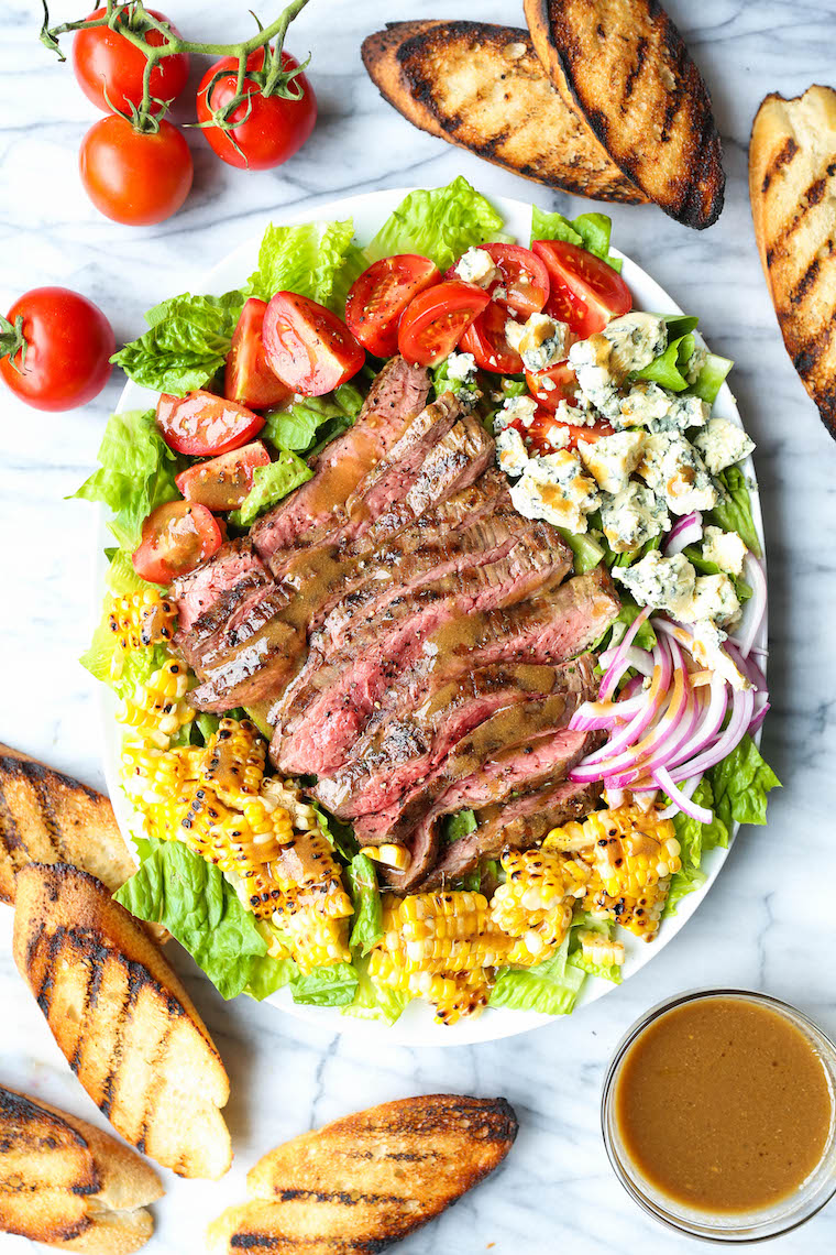 Grilled Steak Salad with Balsamic Vinaigrette - Features perfectly grilled steak, charred corn, tomatoes and blue cheese.  Say goodbye to boring salads!  SO SO GOOD.