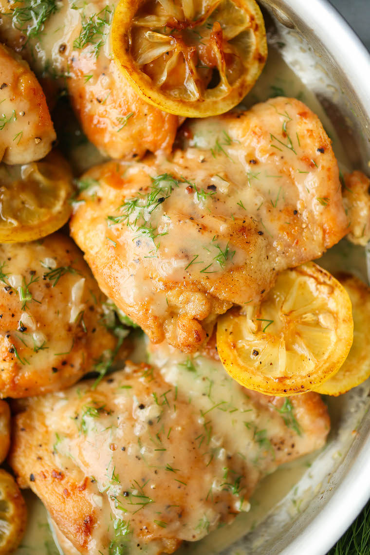 Skillet Lemon Dill Chicken Thighs - A speedy dinner made in 30 min from start to finish! Served with the most heavenly lemon dill cream sauce of your life.