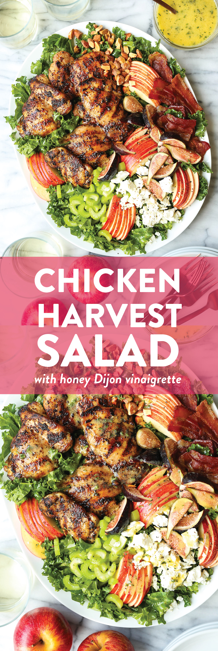 Chicken Harvest Salad - Juicy, tender chicken, crisp bacon, apples, figs and almonds with a honey Dijon vinaigrette. The ultimate, feel-good autumn salad!!