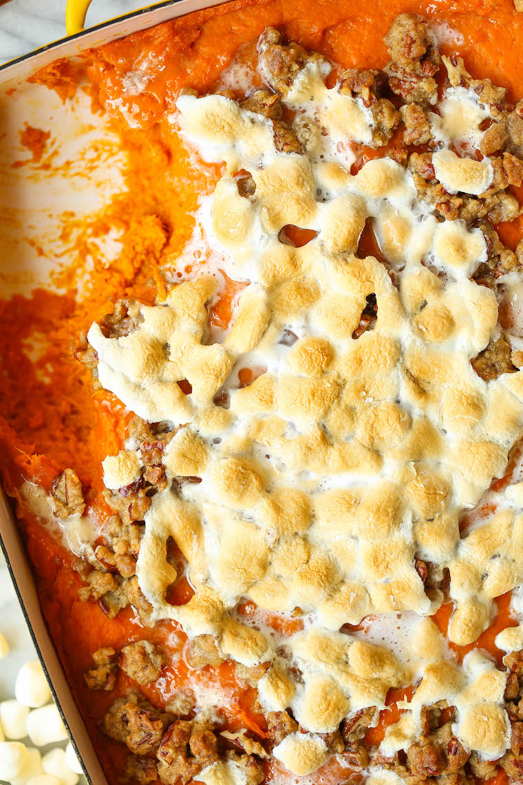 Instant Pot Sweet Potato Casserole - You can easily make this ahead of time; bake when ready to serve with toasted marshmallows + a pecan streusel topping!