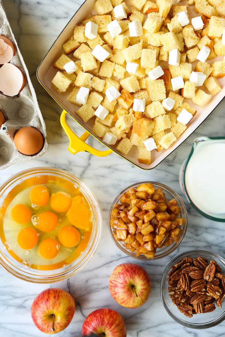 Overnight Cinnamon Apple French Toast Bake - Prepare the night before! Soaked in maple syrup, tender cinnamon apples + topped with toasted pecans. SO GOOD.