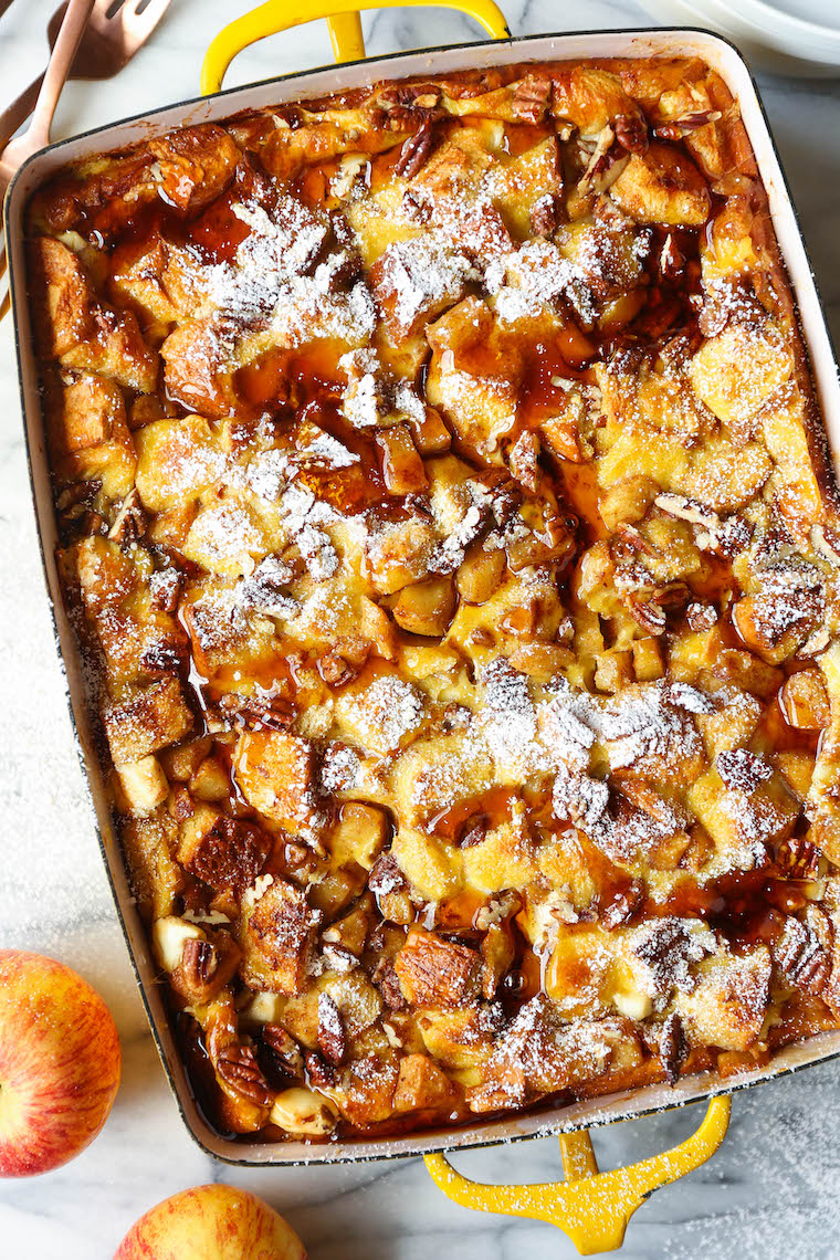 Overnight Cinnamon Apple French Toast Bake - Prepare the night before! Soaked in maple syrup, tender cinnamon apples + topped with toasted pecans. SO GOOD.