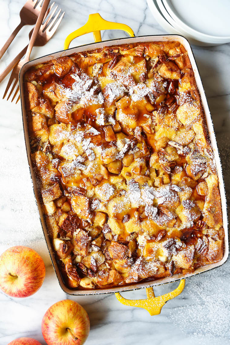 Overnight Cinnamon Apple French Toast Bake - Prepare the night before! Soaked in maple syrup, tender cinnamon apples + topped with toasted pecans. SO GOOD.