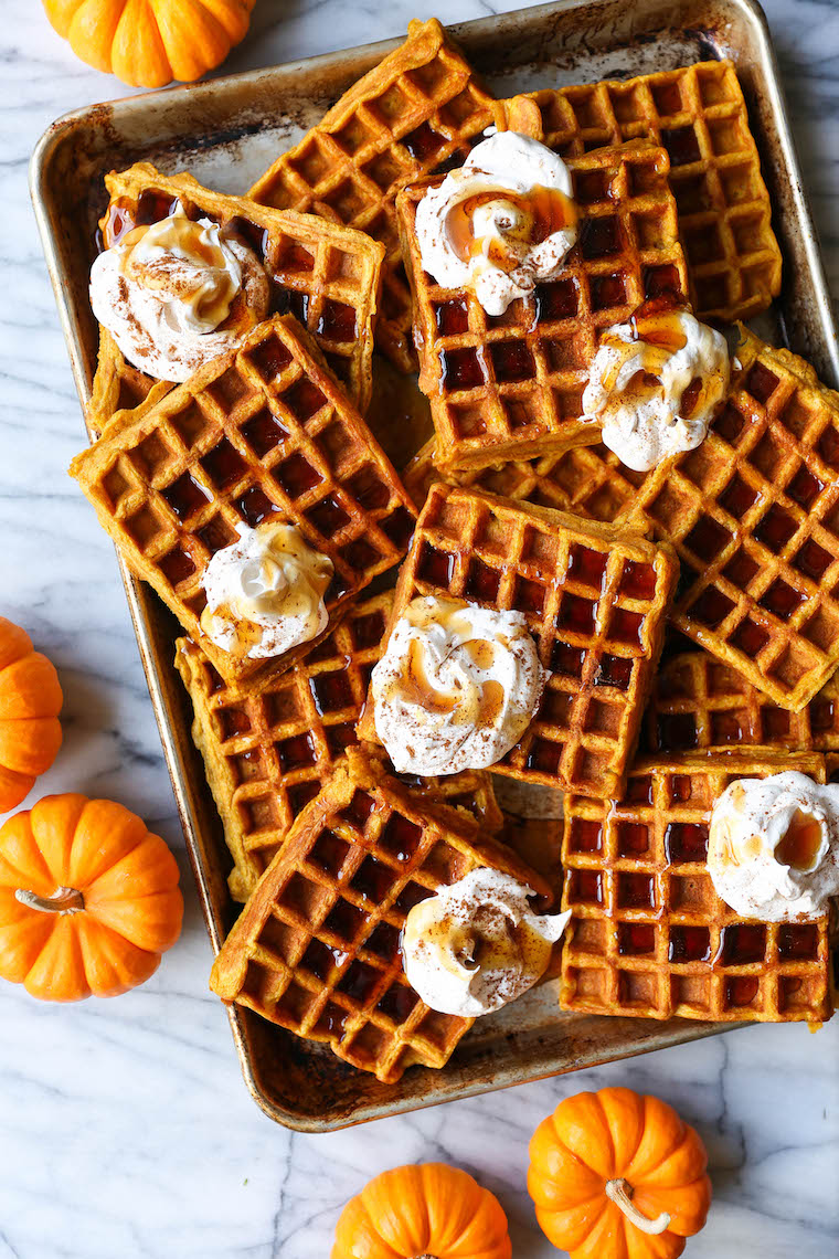 Pumpkin Spice Waffles - The best breakfast! Crispy golden on the outside, fluffy on the inside. You'll seriously want to make this all year long! SO GOOD.