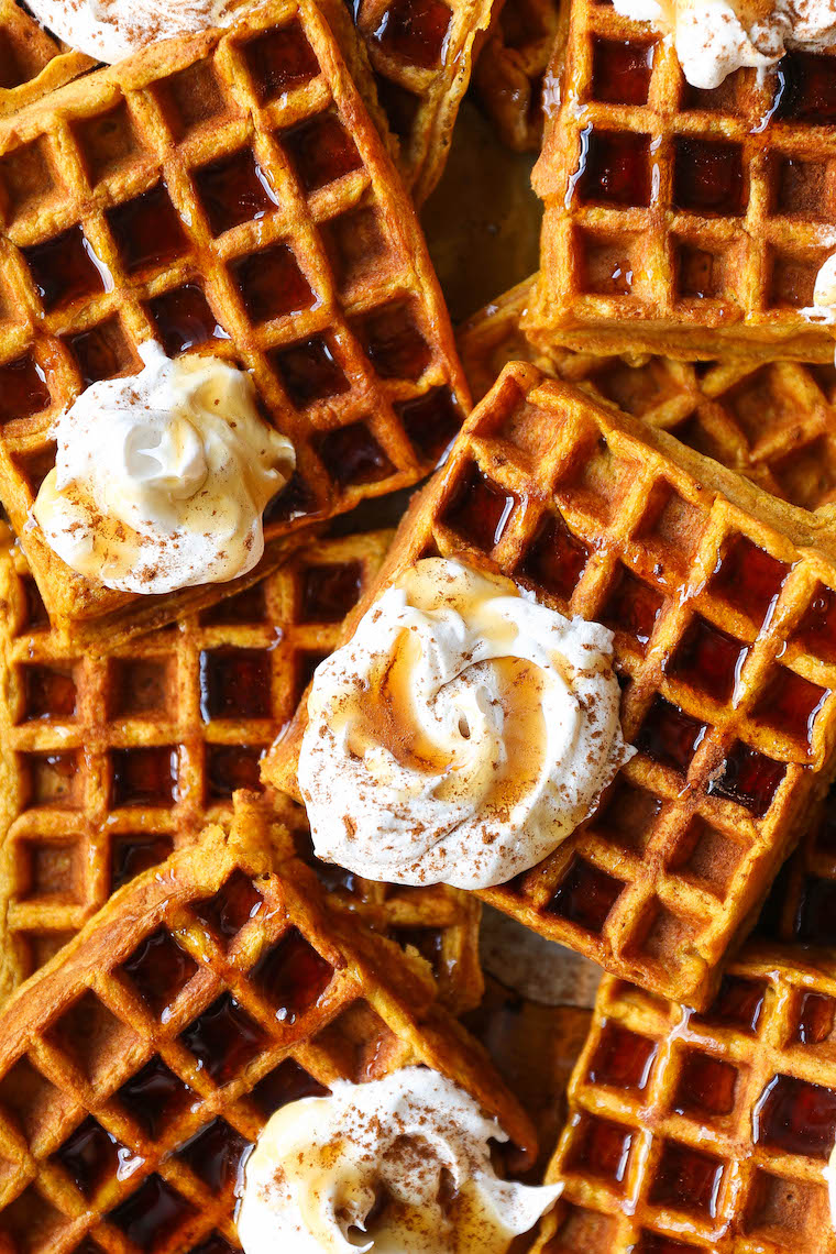 Pumpkin Spice Waffles - The best breakfast! Crispy golden on the outside, fluffy on the inside. You'll seriously want to make this all year long! SO GOOD.